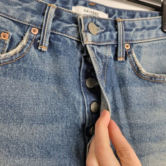 GRLFRND Revolve Cindy High Rise Button Fly Distressed Raw Hem Denim Jean Shorts - Picture 5 of 14